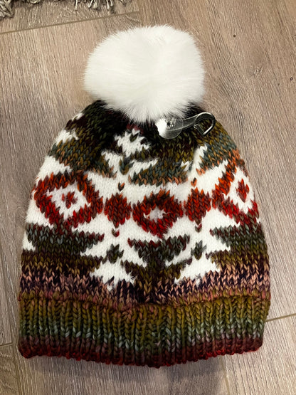 Multi Yarn Aztec Pattern Beanie with Pom Pom