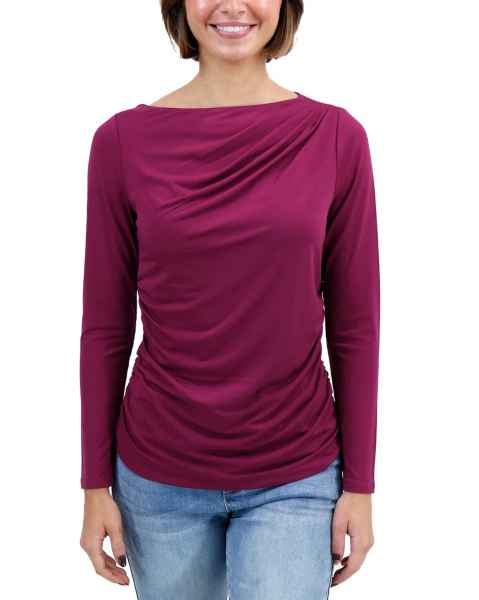 Pleated Boat Neck Top in Winterberry