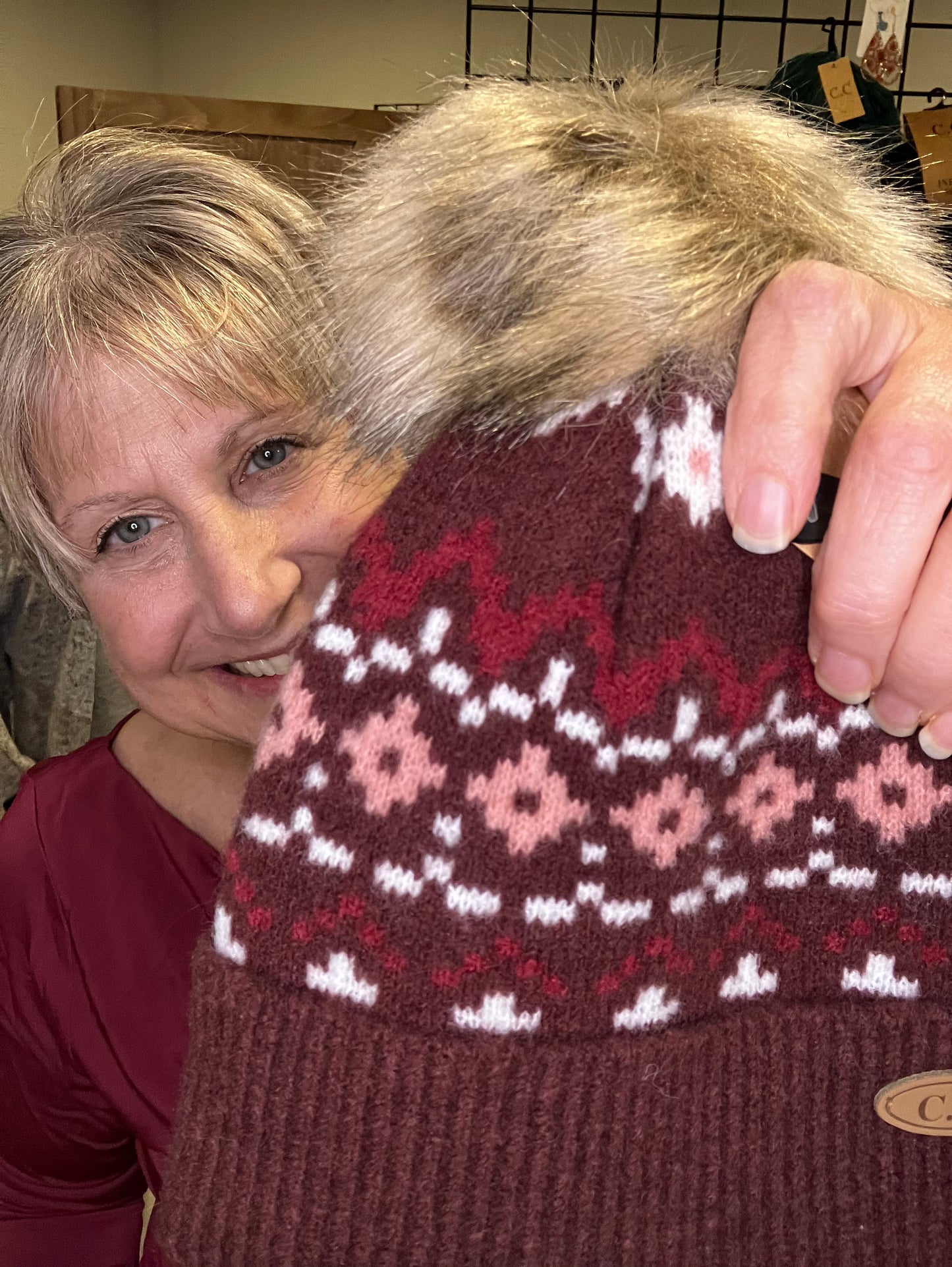 Aztec Pattern Beanie with Pom Pom