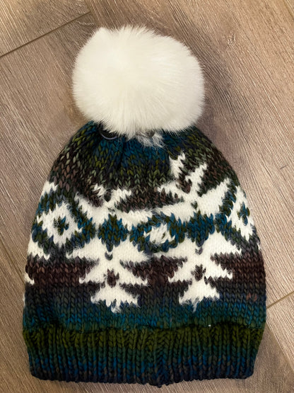 Multi Yarn Aztec Pattern Beanie with Pom Pom