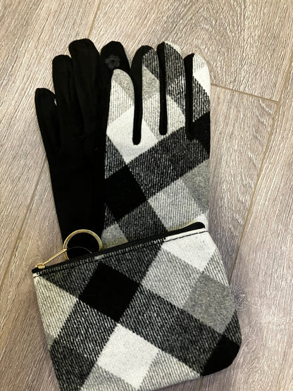 Plaid Faux Suede Gloves & Matching Coin Purse - gray/off-white/black plaid SET