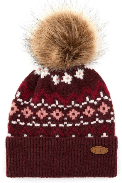 Aztec Pattern Beanie with Pom Pom