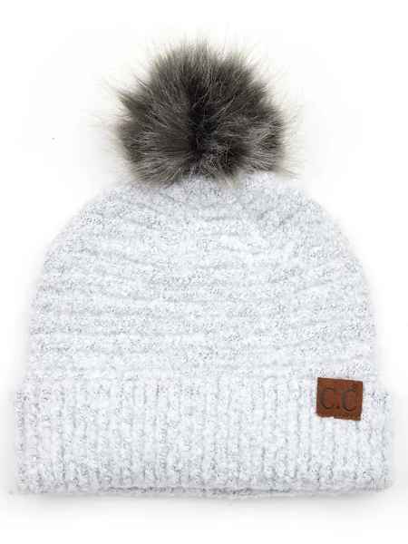 Boucle Yarn Beanie with Pom Pom - White