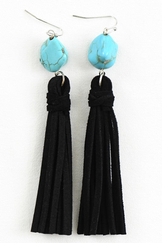 Black Suede Tassel Earrings with Blue Turquoise Stone