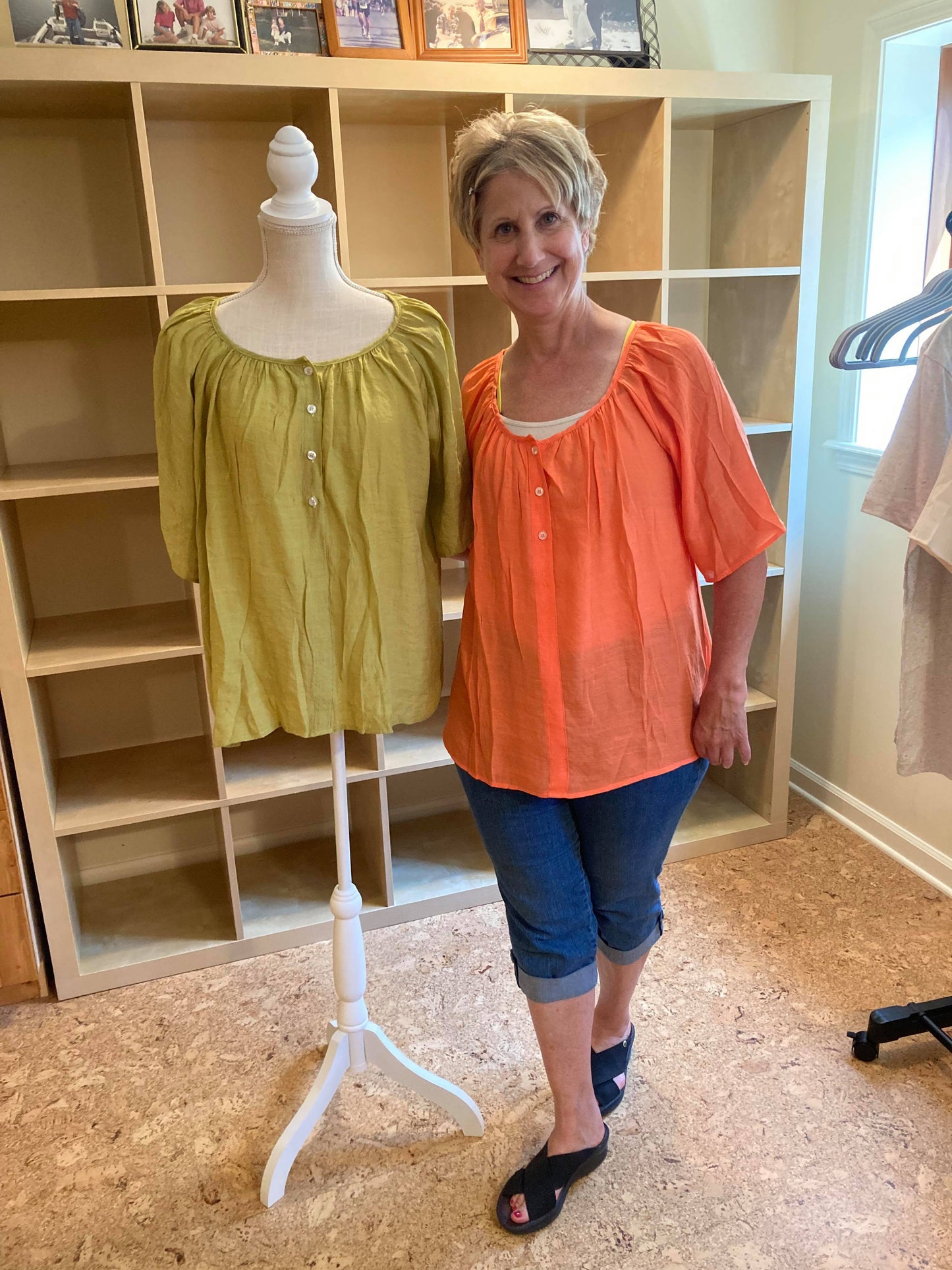 Button Gathered Summer Blouse - Color is Tangerine
