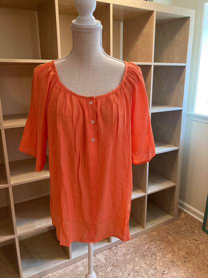 Button Gathered Summer Blouse - Color is Tangerine