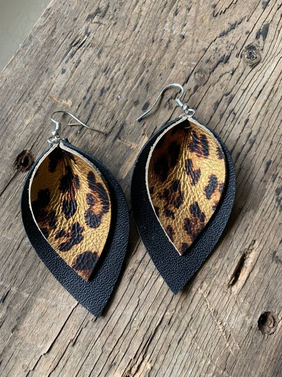 Sold out- Black and Gold Leopard Leather Earrings