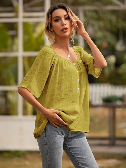 Button Gathered Summer Blouse