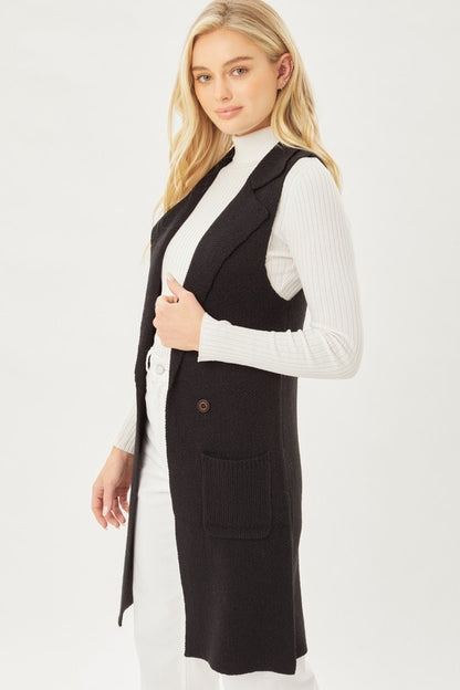 Black Sleeveless Long Cardigan Vest