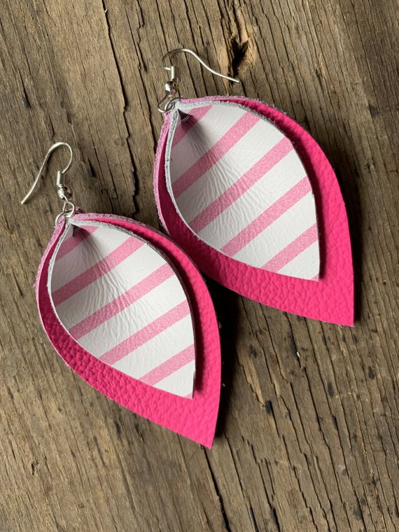 Sold Out - Bright Pink & White Striped Leather Earrings