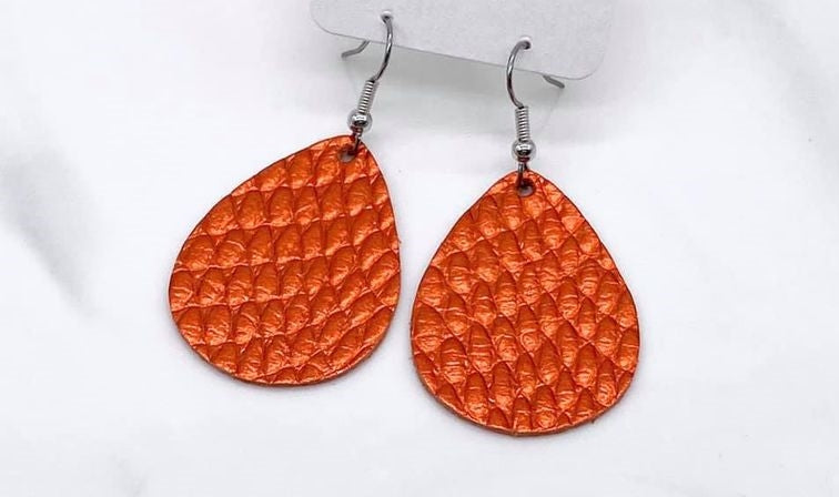 Handmade Leather Earring - Metallic Autumn Orange Cobra