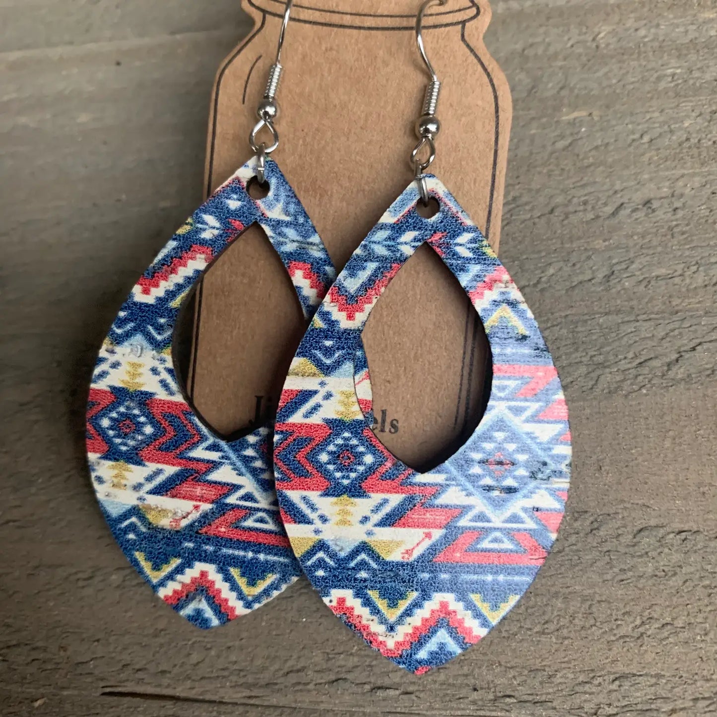Aztec Design Earrings - Cork Fabric with Leather backing