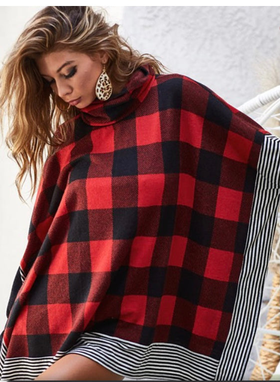 Checkered red and black poncho with sleeves