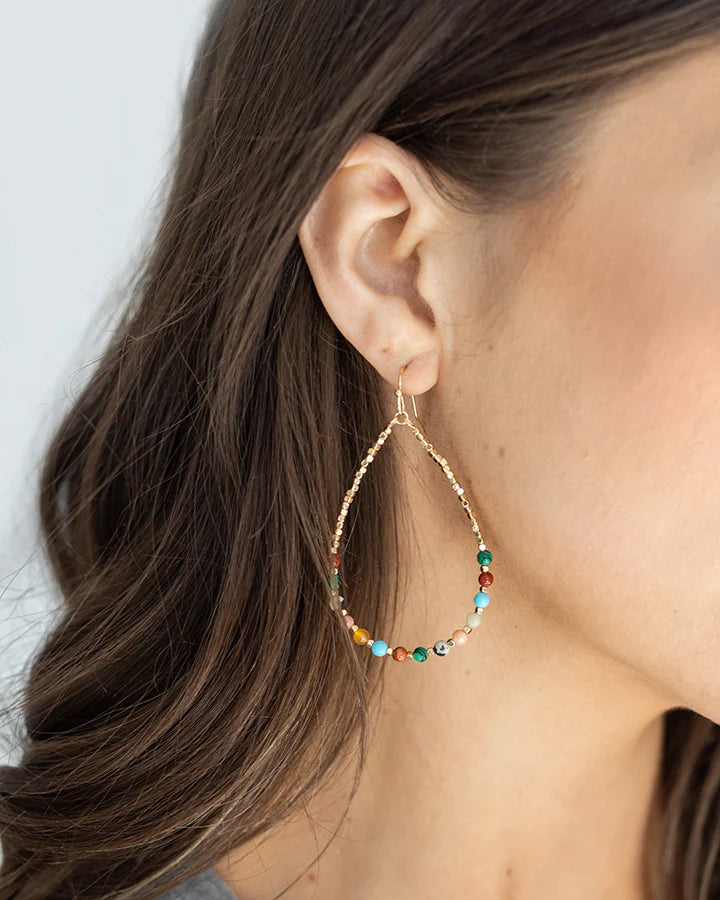 Multi-Color Beaded Stone Tear Drop Earrings