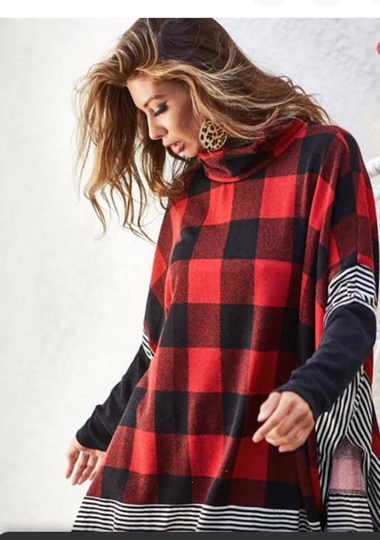 Checkered red and black poncho with sleeves