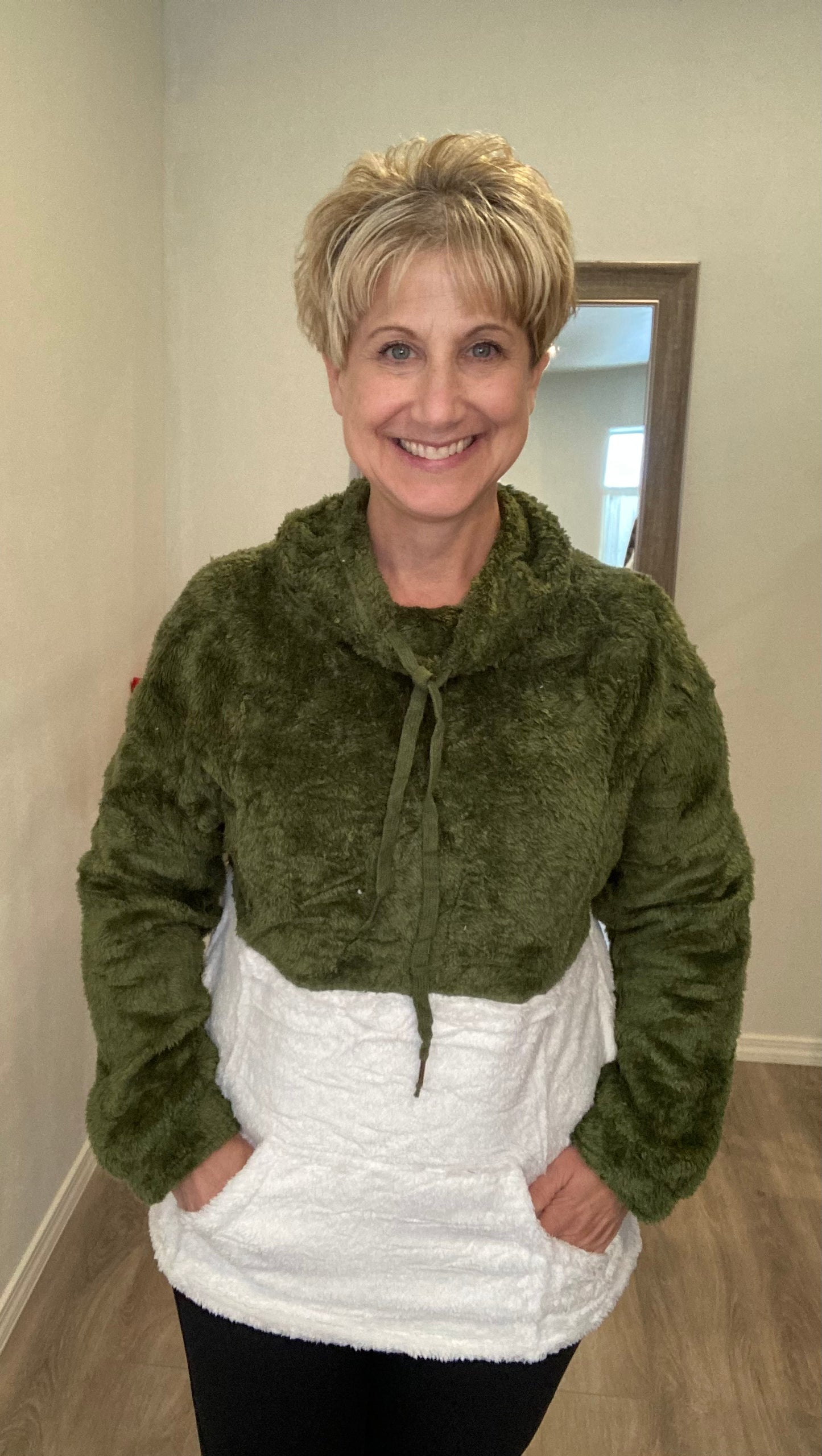 Fuzzy Fleece Pullover - Olive Green and Ivory Colorblock