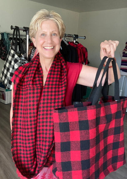 Flannel - Red & Black Plaid Tote Bag & Scarf Set (Only One Set Available)
