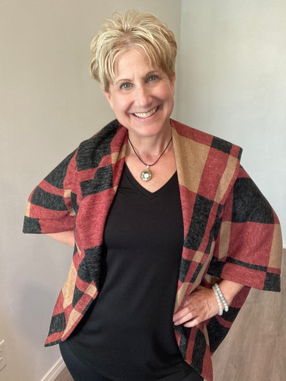 Plaid Textured Shawl Collared Sweater Cardigan