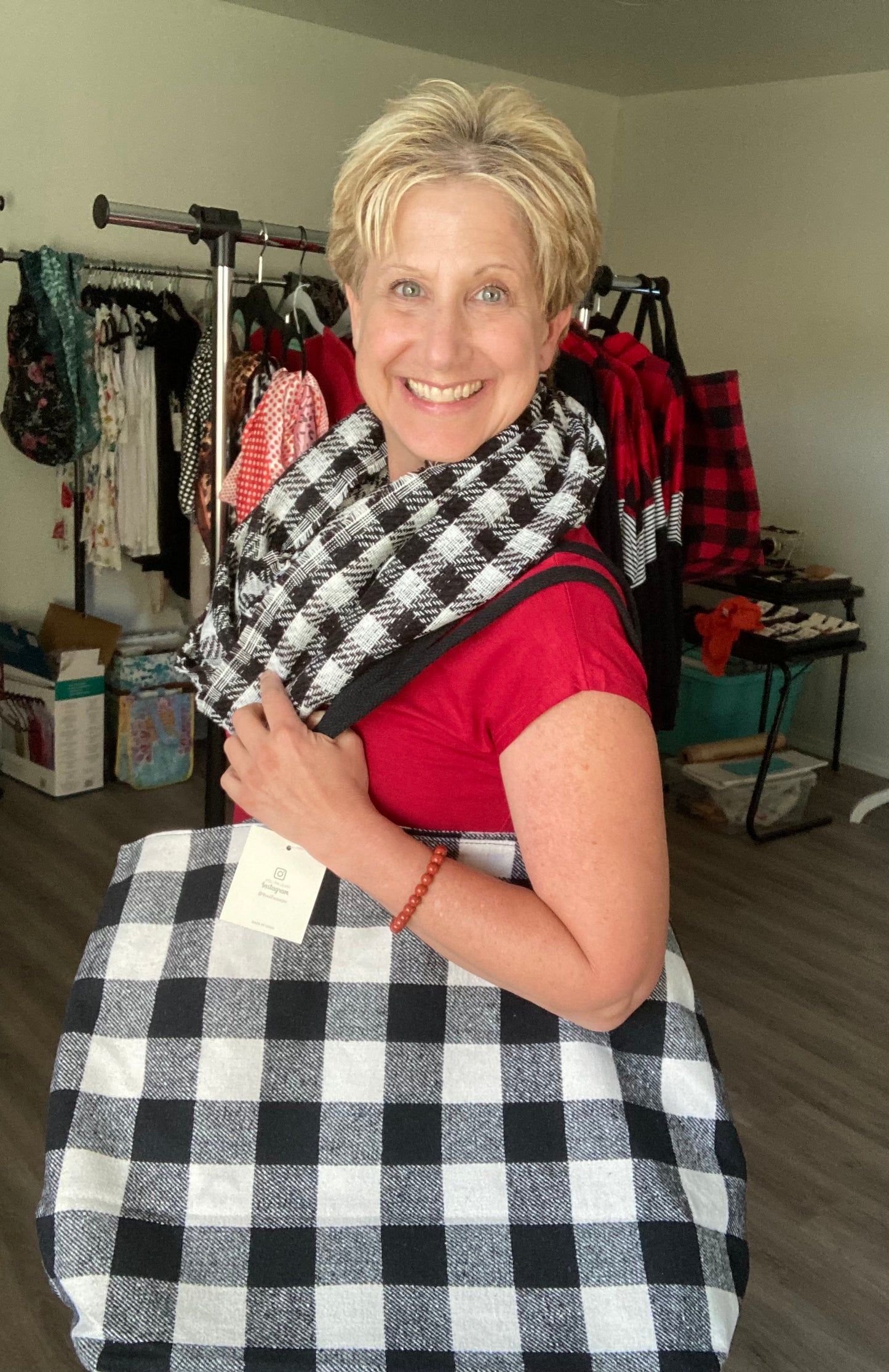 Flannel - Black & White Plaid Tote Bag & Scarf Set (Only One Set Available)
