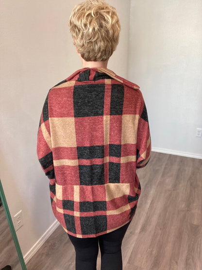 Plaid Textured Shawl Collared Sweater Cardigan