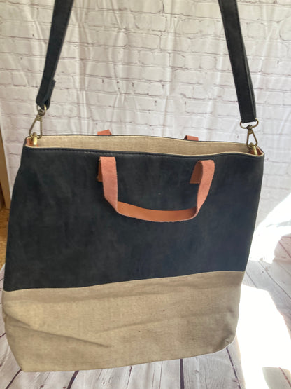 Leather and Canvas Tote Bag - Two Tone