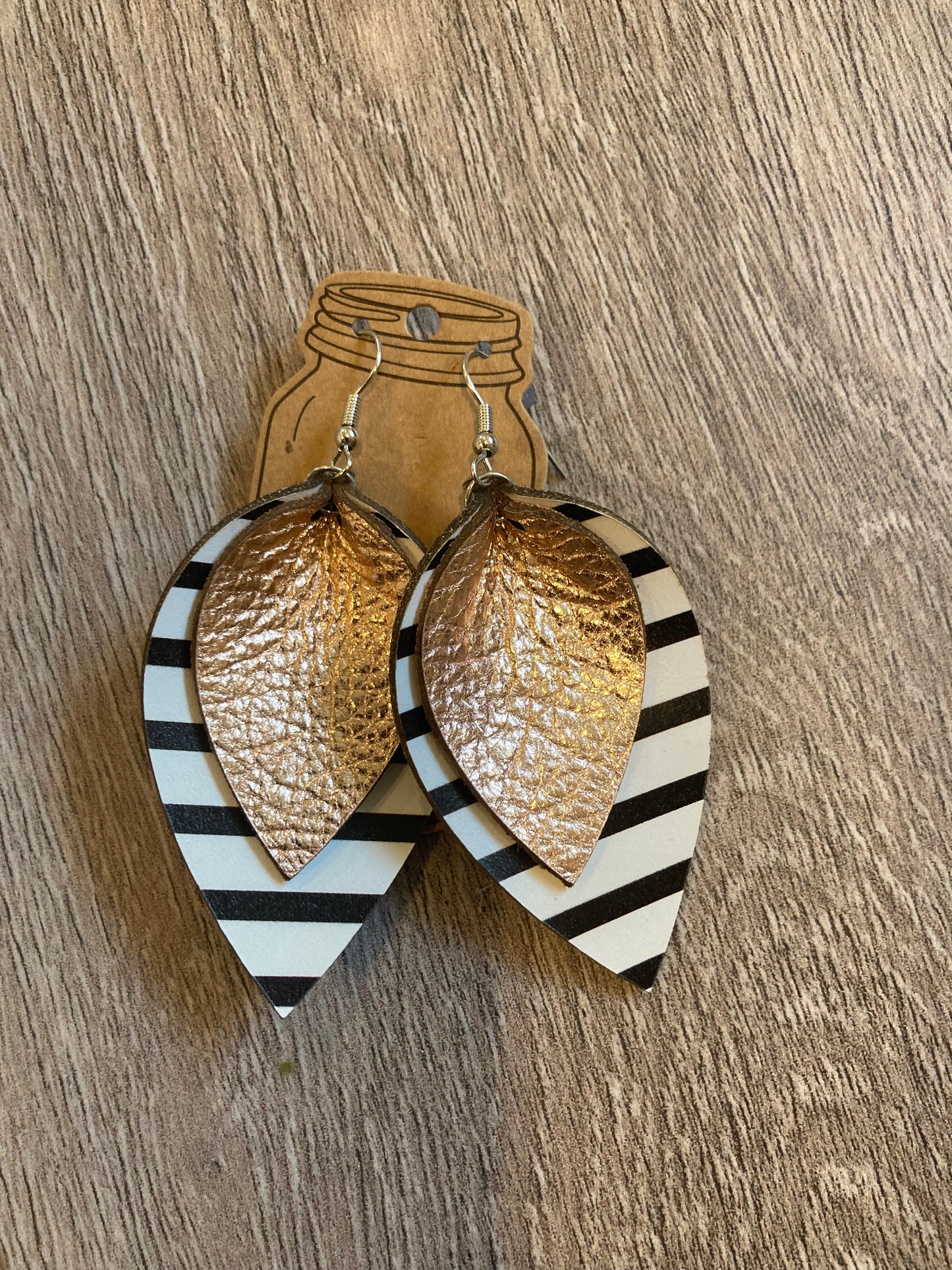 Rose Gold Leather Earrings With Black and White Stripes