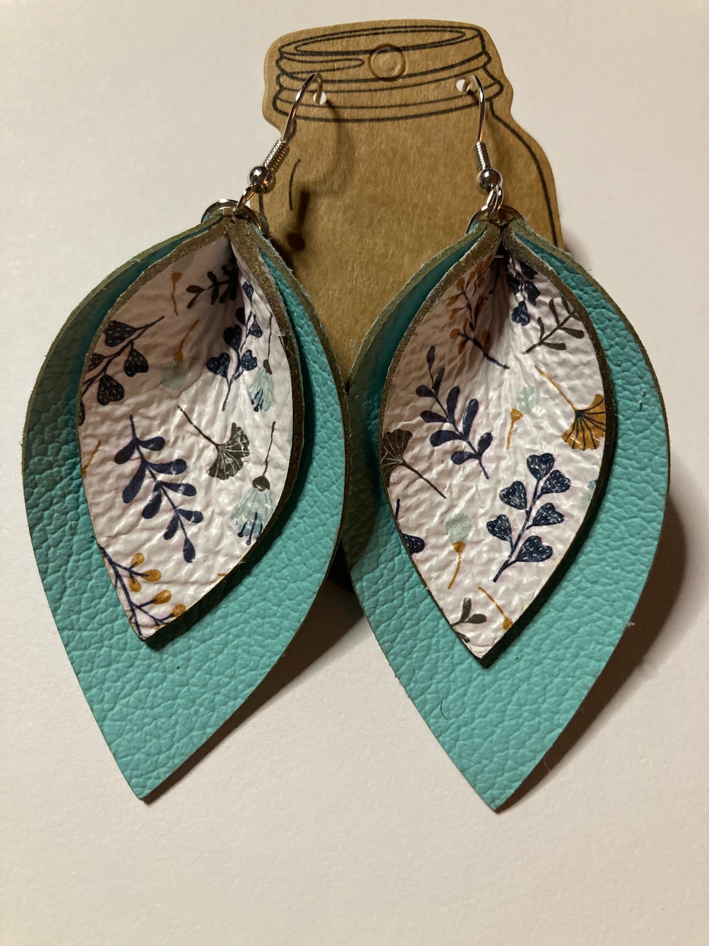 Leather Earring - Mint with floral inlay