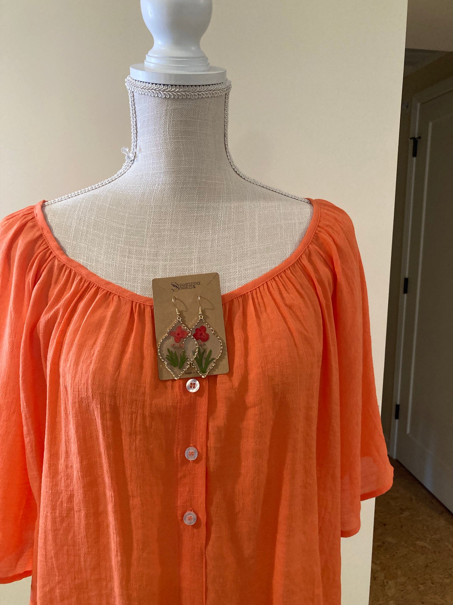 Button Gathered Summer Blouse - Color is Tangerine