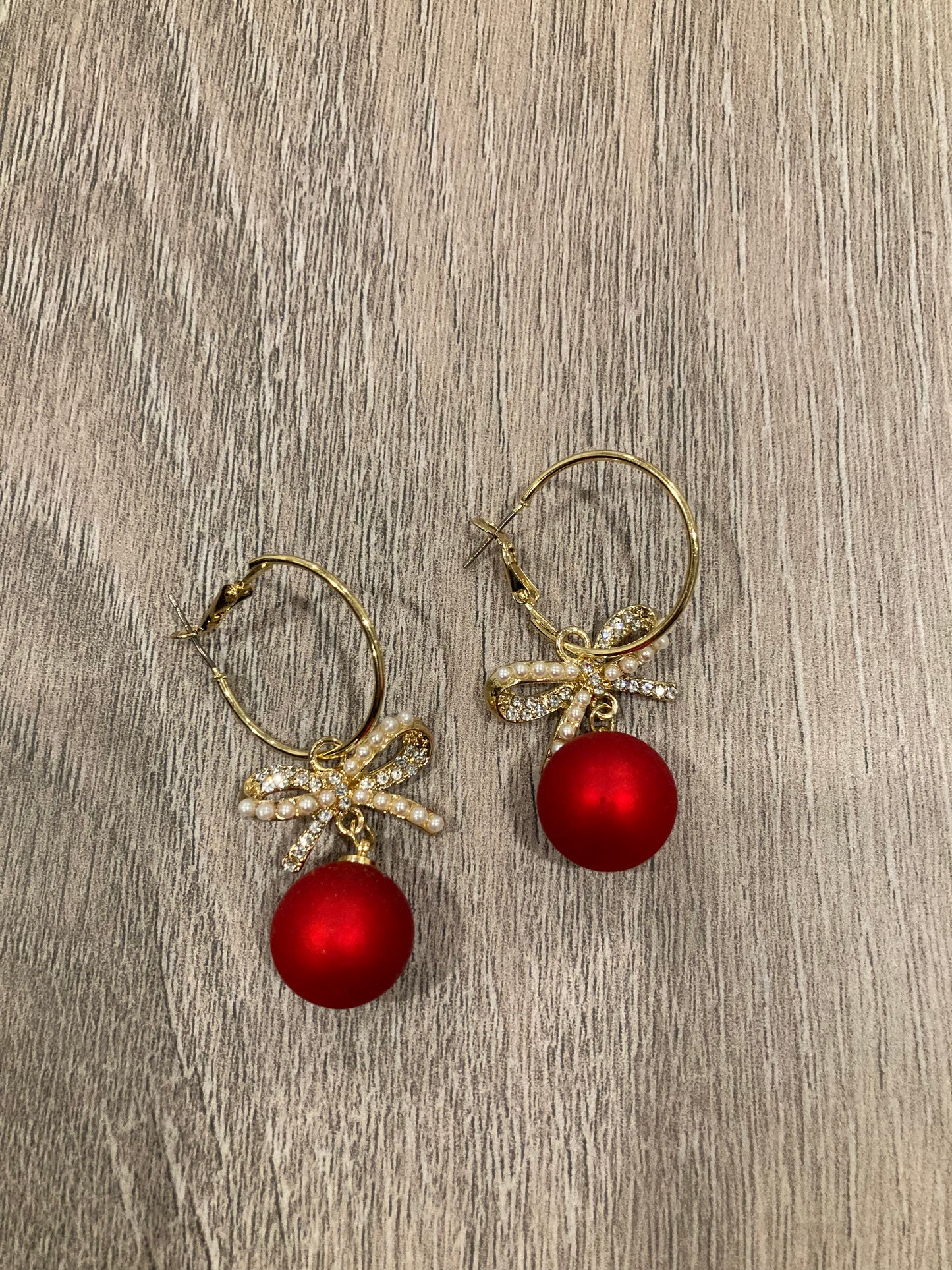 Gold Earrings with Rhinestone Ribbon and Red Ornament Ball