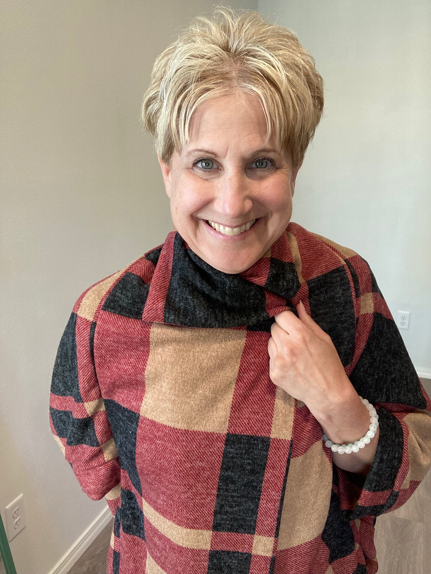 Plaid Textured Shawl Collared Sweater Cardigan