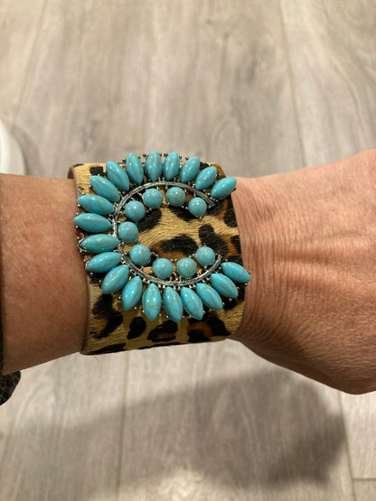 Turquoise Stone & Animal Print Leather Bracelet