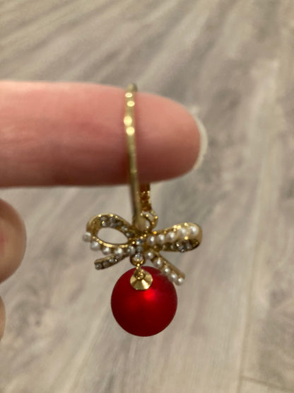 Gold Earrings with Rhinestone Ribbon and Red Ornament Ball