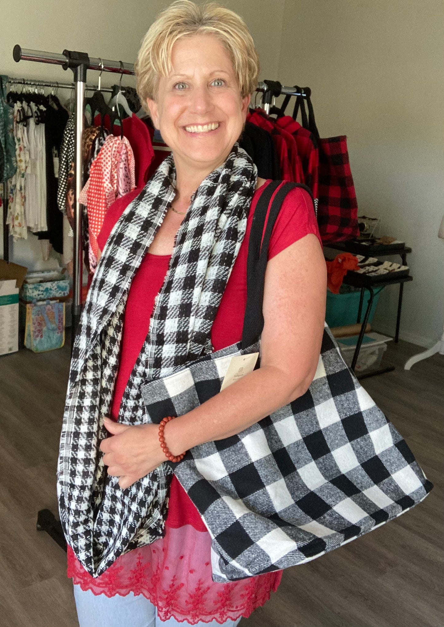 Flannel - Black & White Plaid Tote Bag & Scarf Set (Only One Set Available)