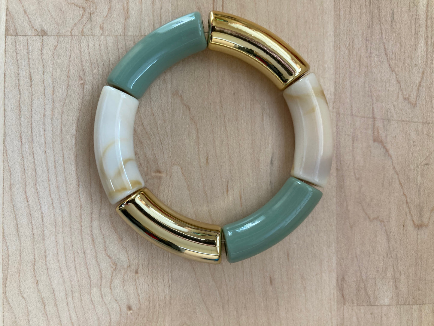 Acrylic Stretch Bracelet - Dusty Green & Gold