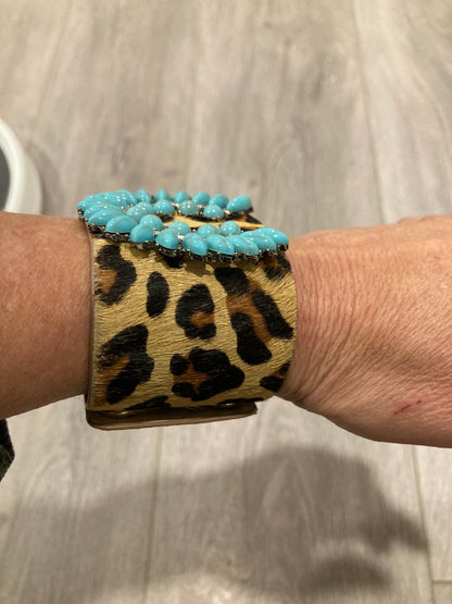 Turquoise Stone & Animal Print Leather Bracelet