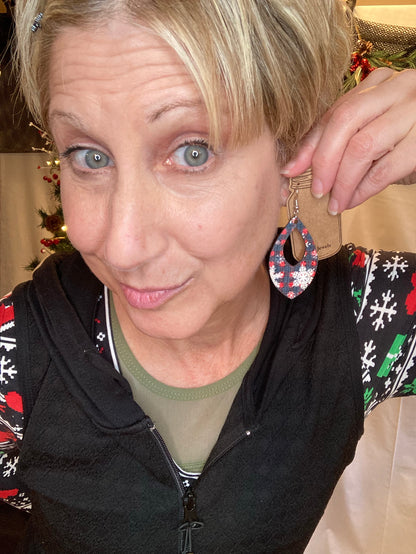 Buffalo Plaid Snowflake Cork and Leather Teardrop Earrings