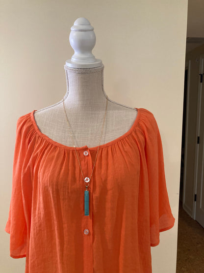 Button Gathered Summer Blouse - Color is Tangerine