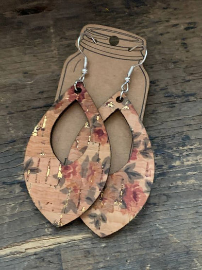 Floral and Gold Fleck Cork and Leather Teardrop Earrings