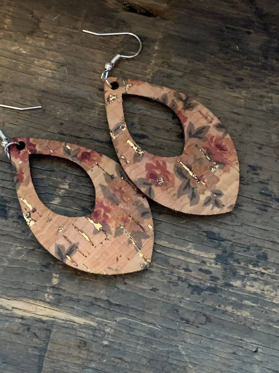 Floral and Gold Fleck Cork and Leather Teardrop Earrings