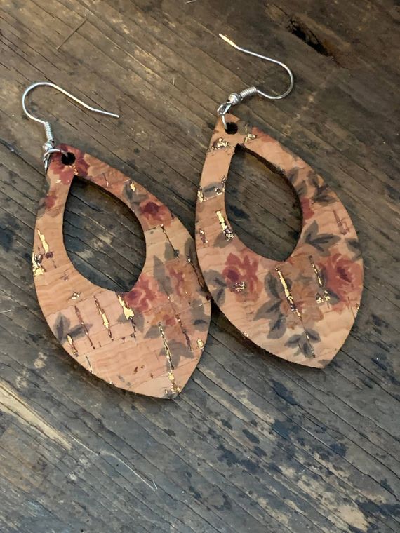Floral and Gold Fleck Cork and Leather Teardrop Earrings