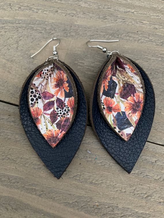 Navy Fall Floral Double Layered Petal Leather Earrings
