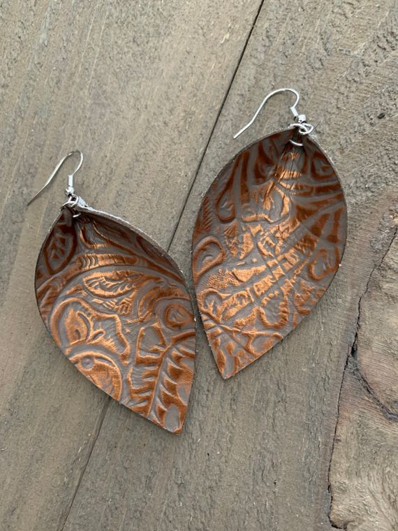 Copper and Brown Western Floral Leather Earrings