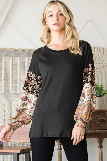 Black Top with Paisley Print Sleeve