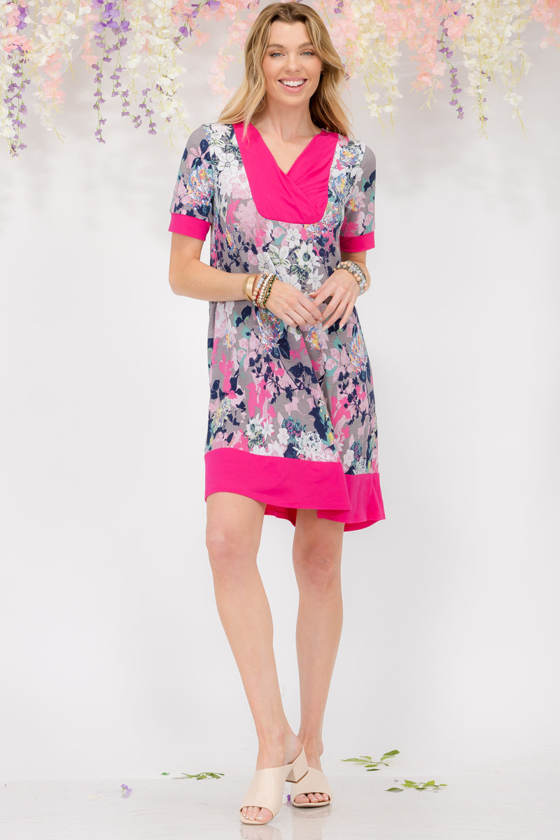 V-Neck Floral Dress - Short Sleeve